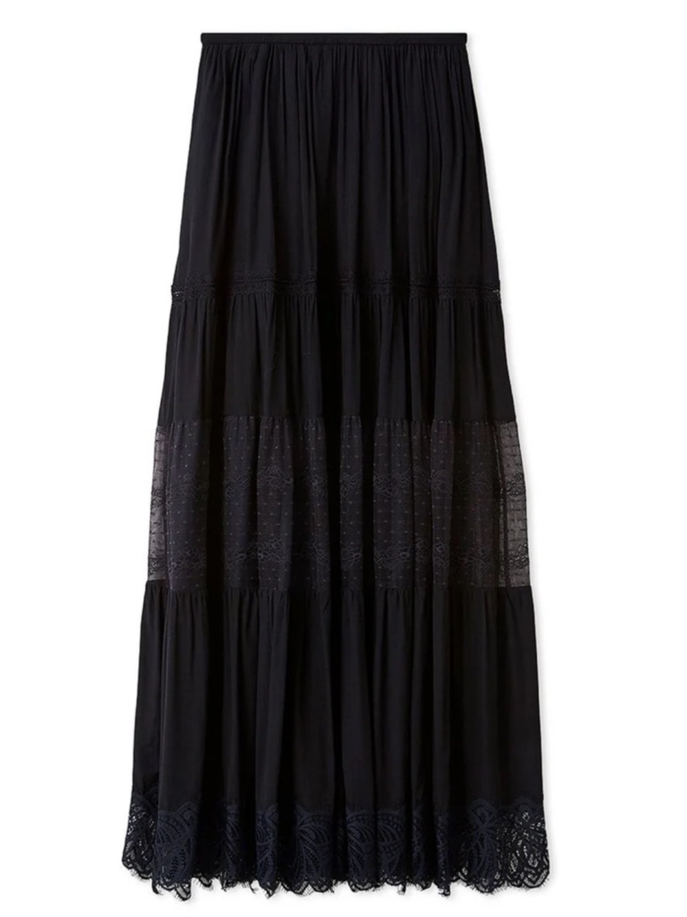 NWT Snidel Boho Lace High-Waisted Ruffled Tiered Maxi Skirt Dark Navy Medium